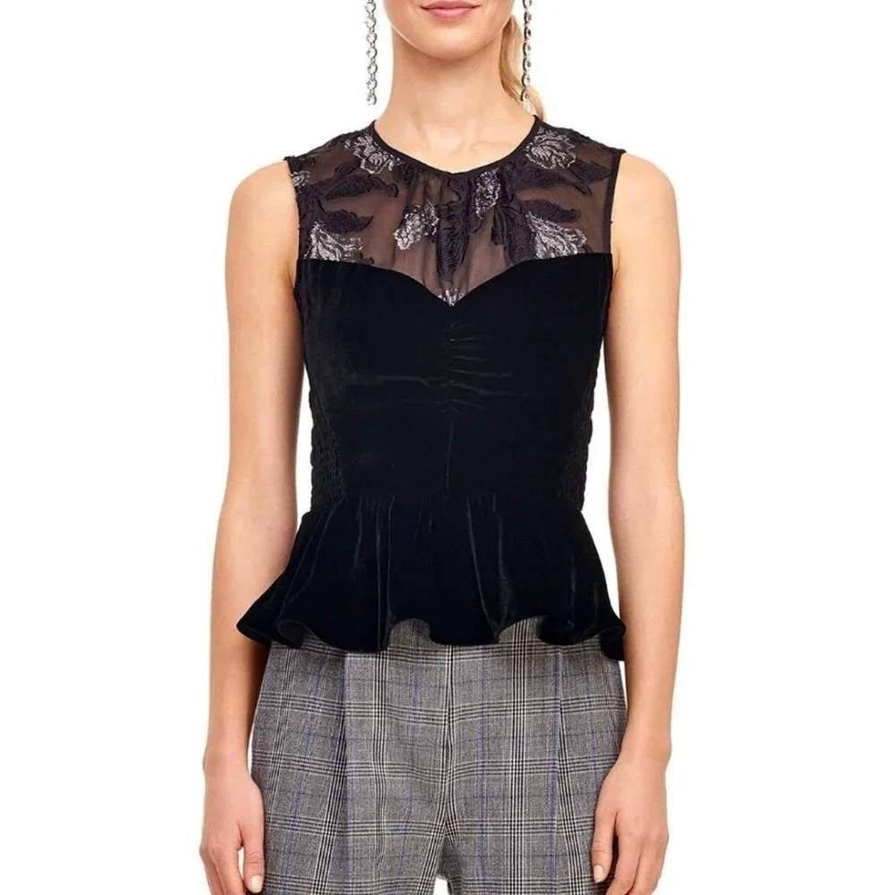 Rebecca Taylor Black Silk Velvet Peplum Top Sheer Floral Metallic Silver Yoke